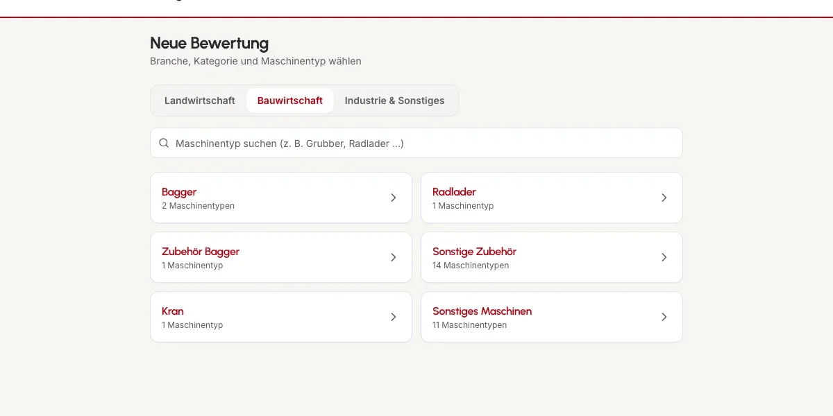 Auswahl des Maschinentyps für eine neue Bewertung, Reiter Bauwirtschaft mit Kategorien wie Bagger und Radlader